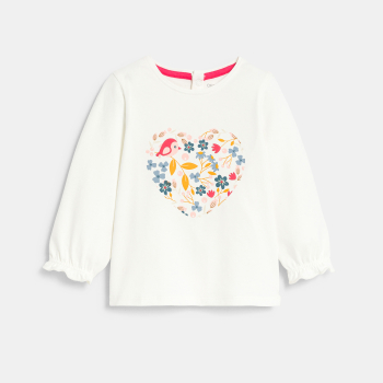 تي شيرت أبيض اللون، مُزيَّن بقلب به زهور، للفتيات الصغيرات